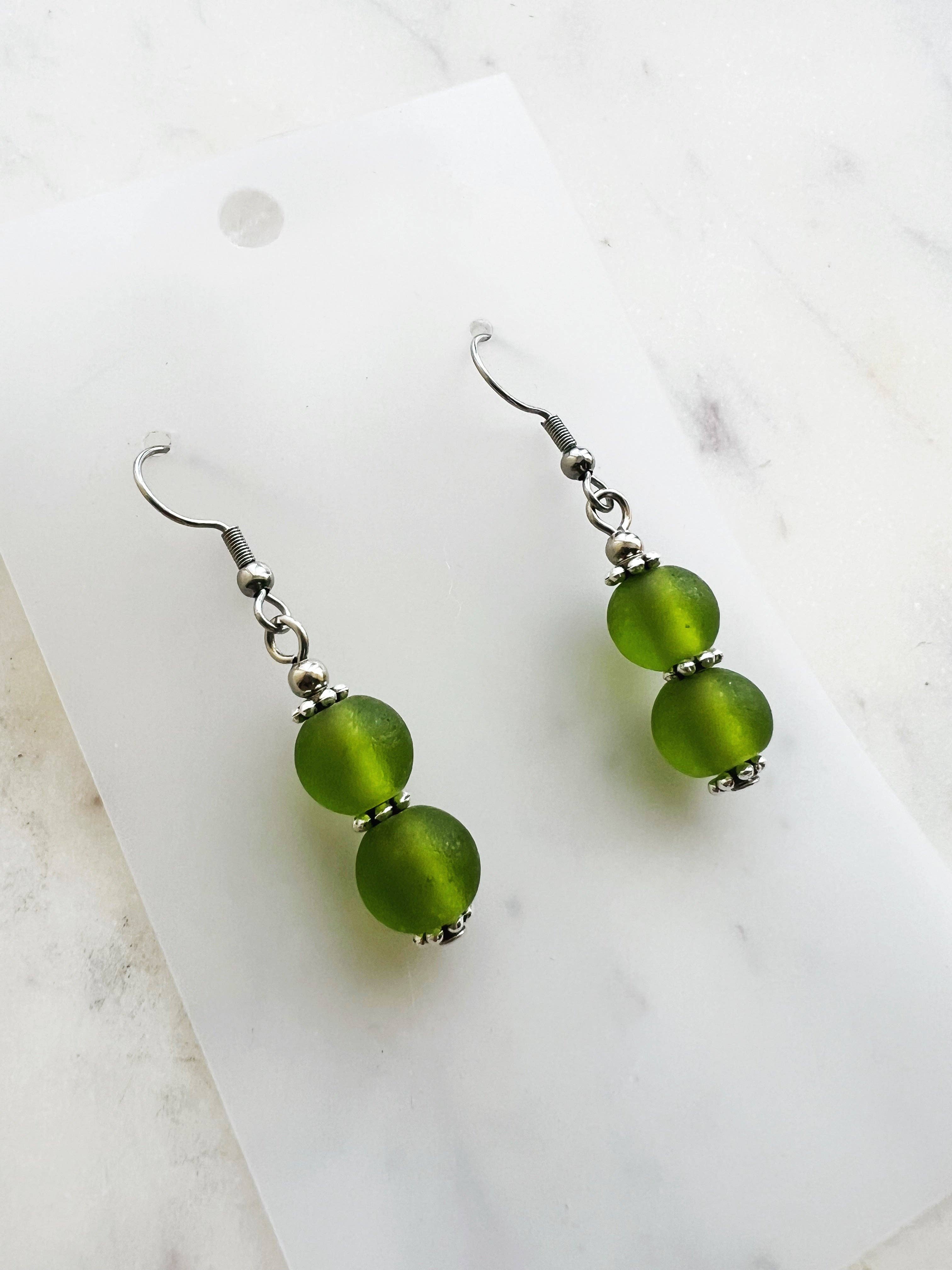 Frosted Green Vintage Glass Bead Earrings