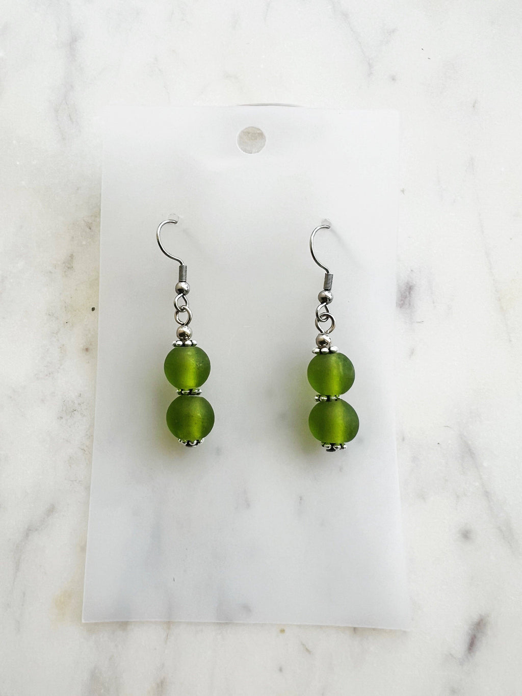 Frosted Green Vintage Glass Bead Earrings
