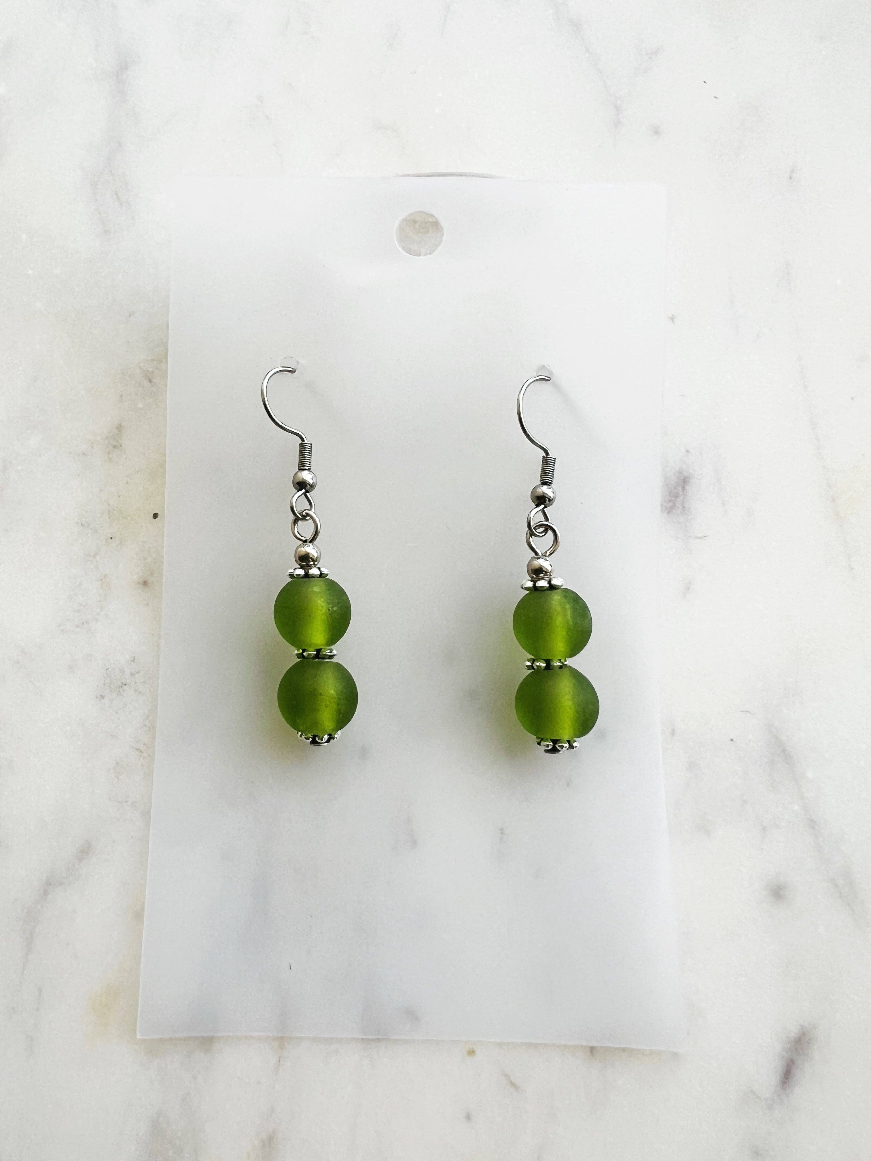 Frosted Green Vintage Glass Bead Earrings