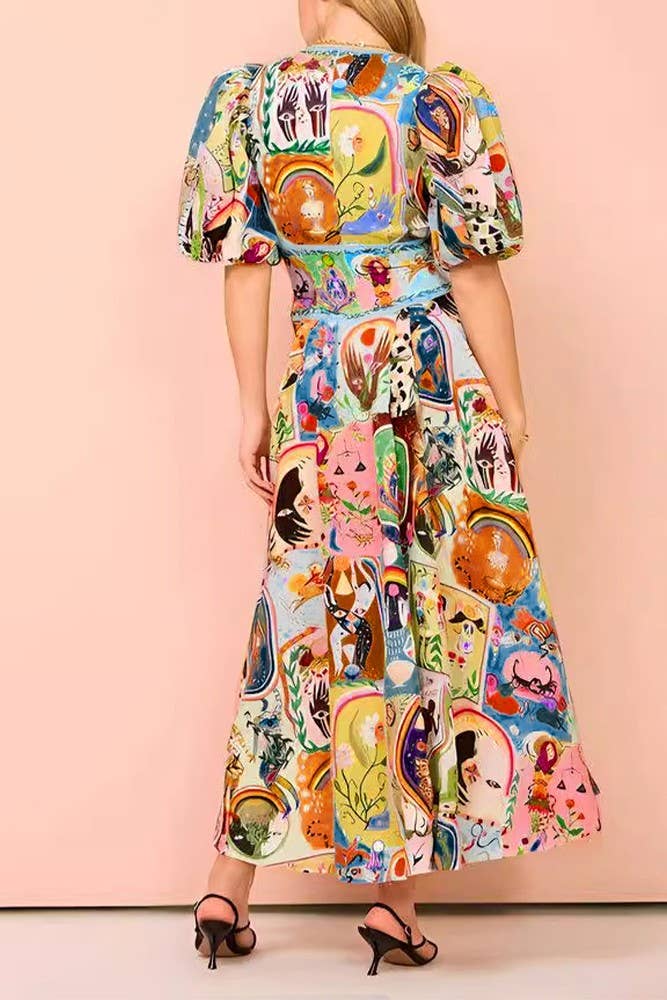 Print Bubble Sleeves Maxi Dress - Fast Shipping!