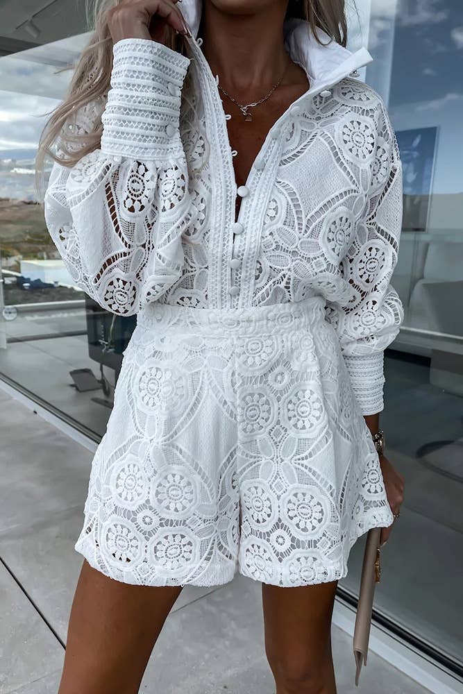 Full Lace Buttoned Blouse With Shorts 2pcs Set