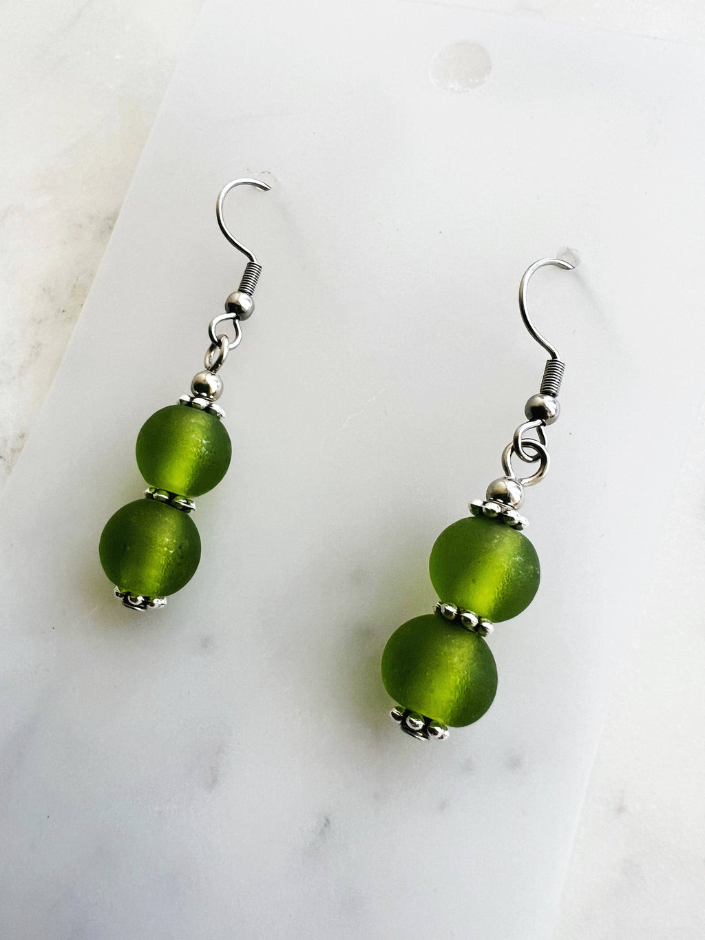 Frosted Green Vintage Glass Bead Earrings