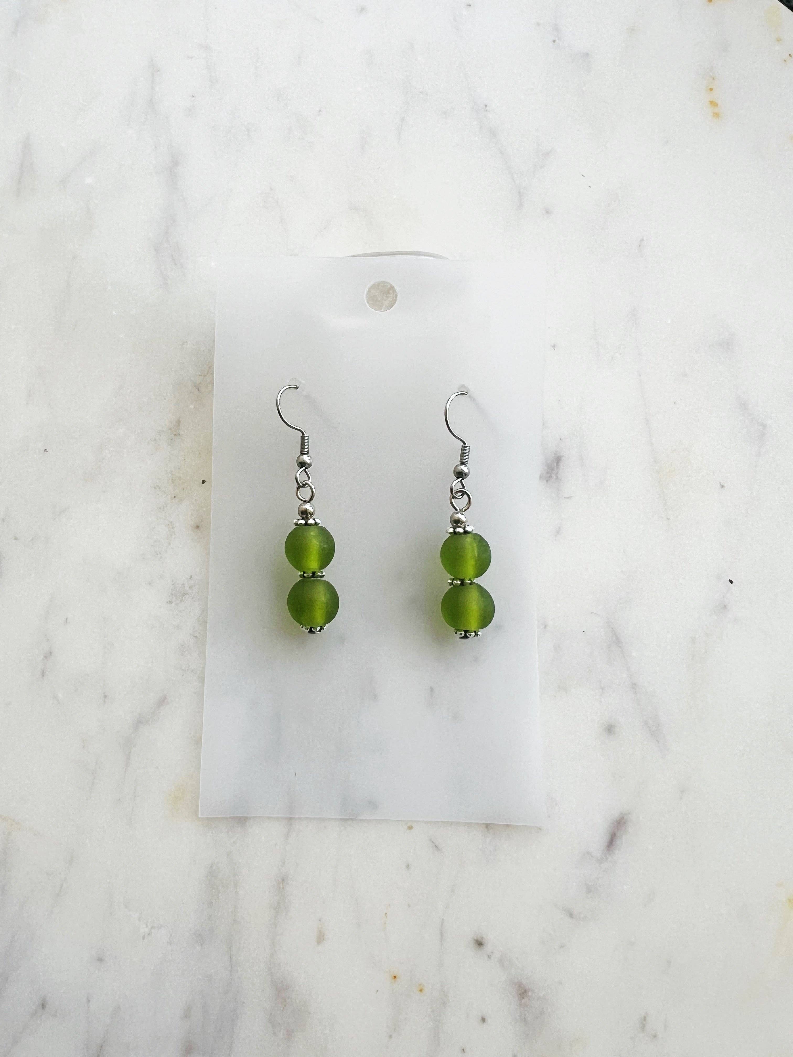 Frosted Green Vintage Glass Bead Earrings