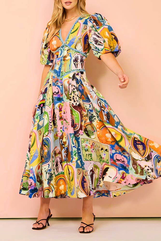 Print Bubble Sleeves Maxi Dress - Fast Shipping!