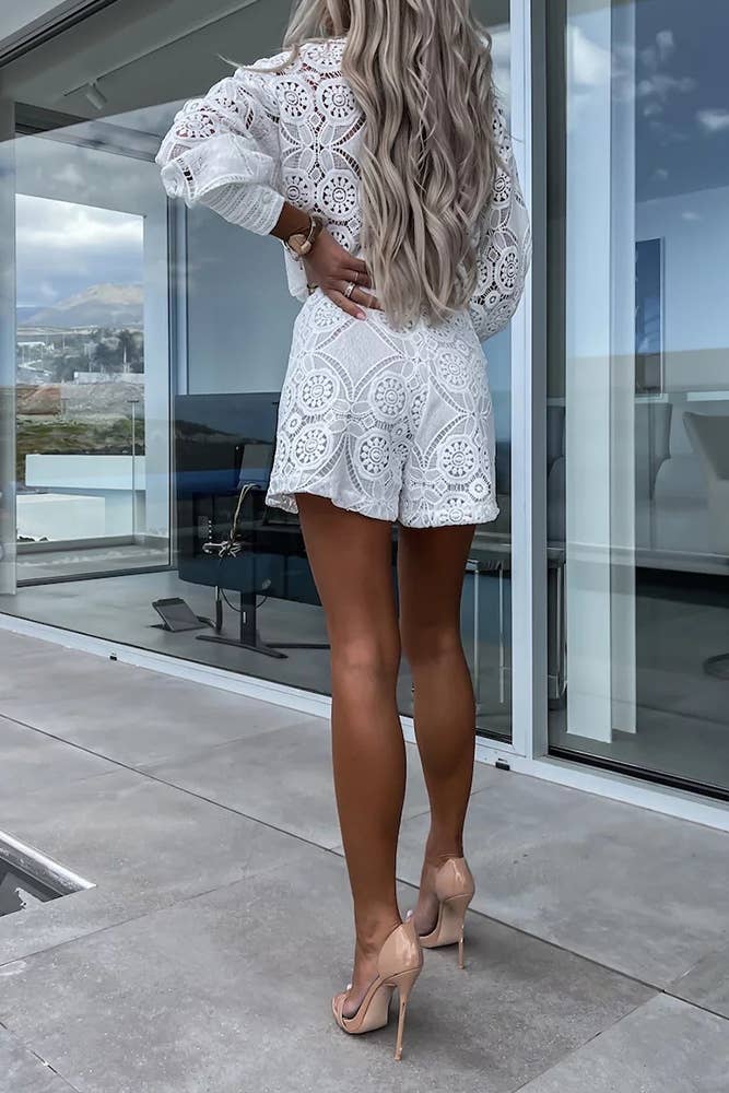 Full Lace Buttoned Blouse With Shorts 2pcs Set