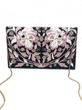 Black clutch bag with pink floral embroidery on a white background