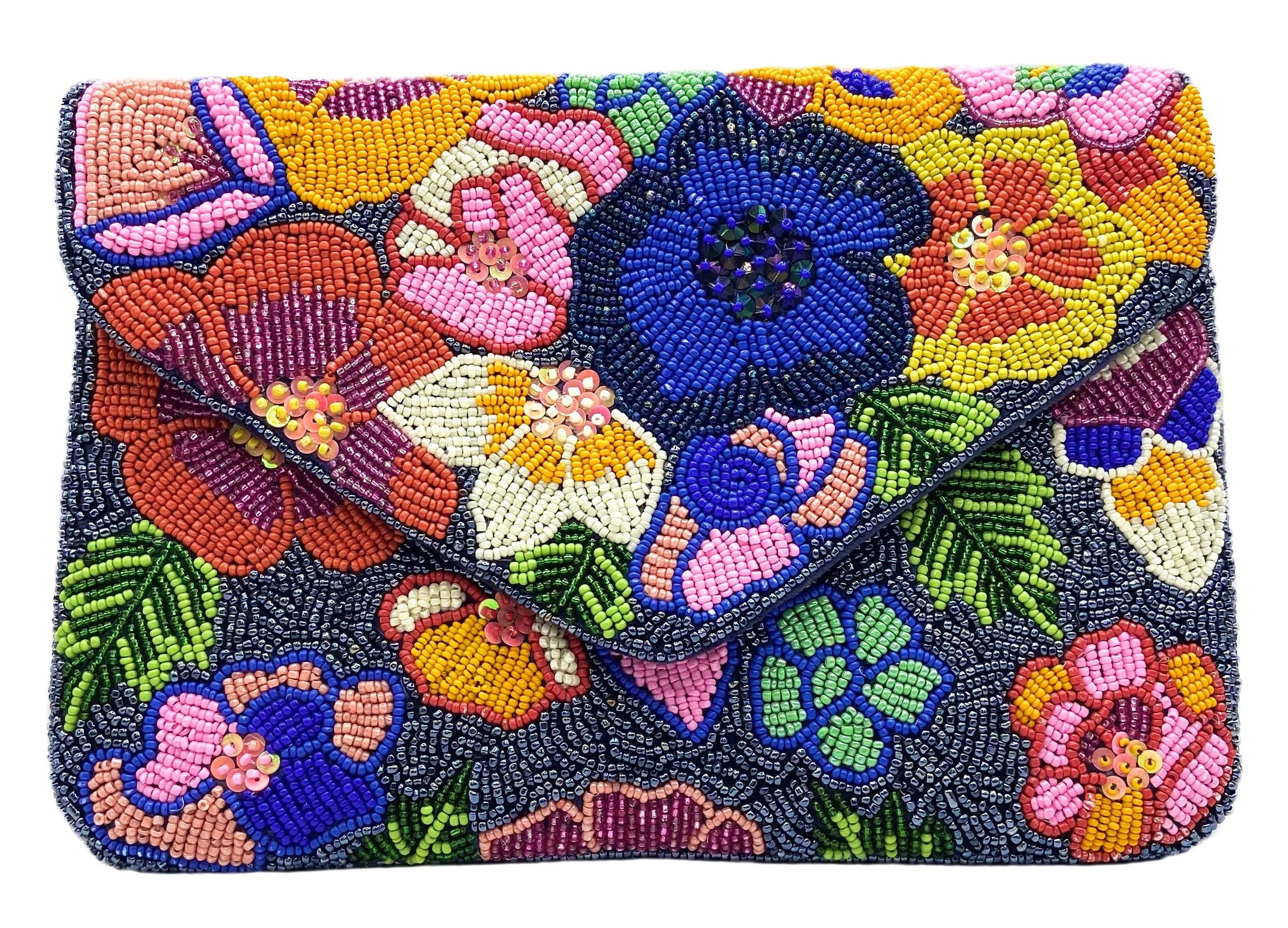 Multi-Color Spring Florals Velvet Beaded Clutch