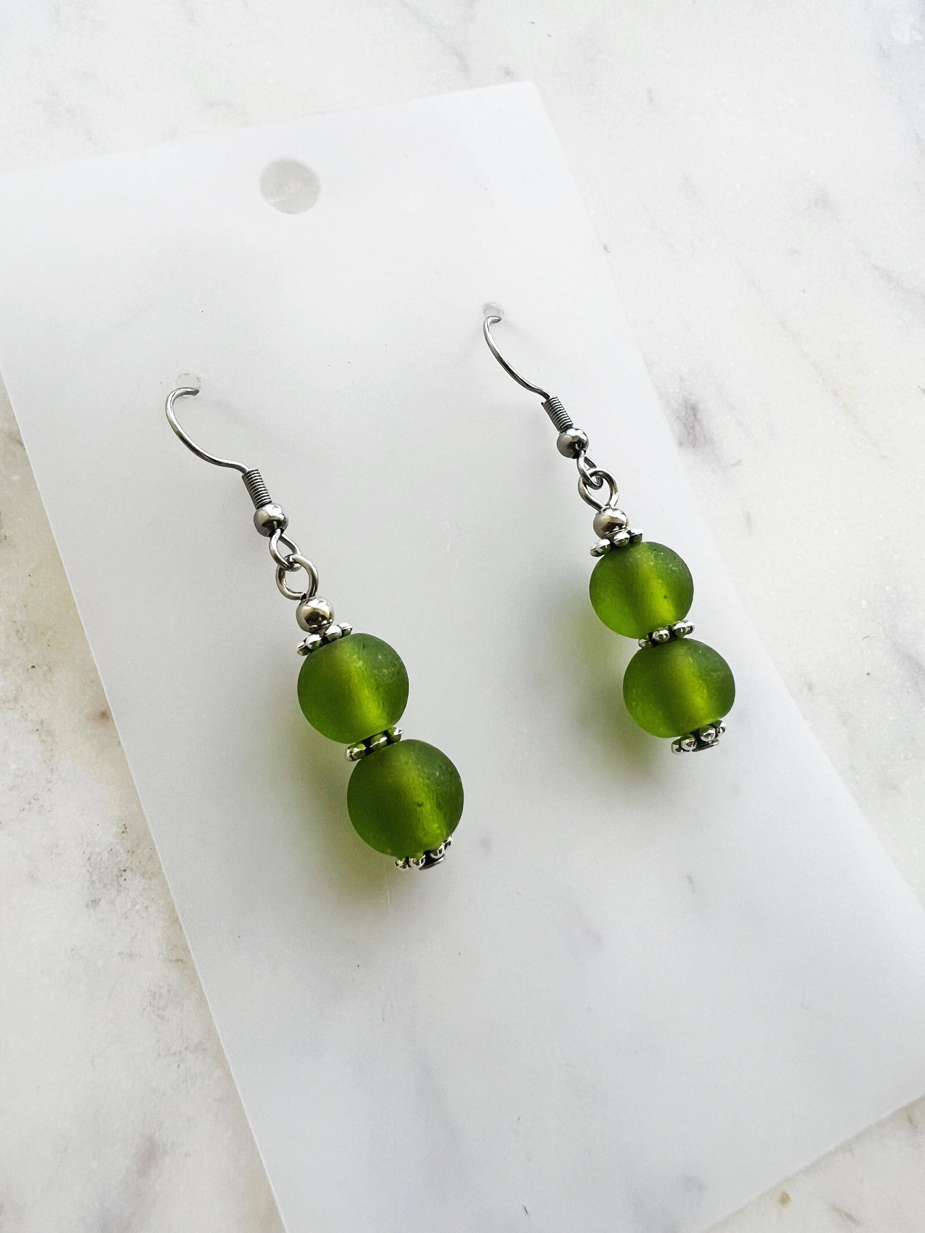 Frosted Green Vintage Glass Bead Earrings