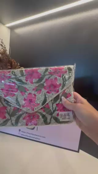 Pink Lillies & Silver Envelope Beaded Clutch